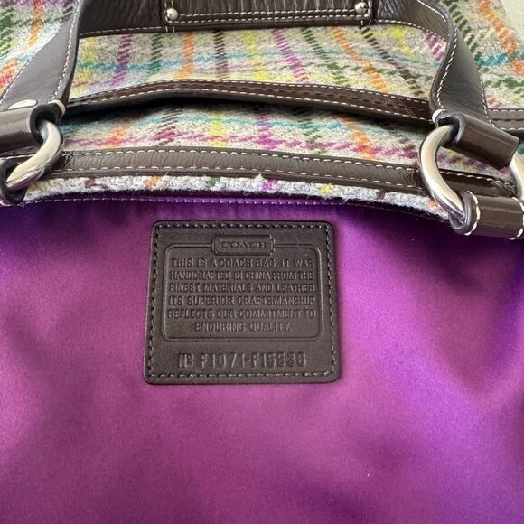 COACH Penelope Wool Tattersall Tweed Leather Trim Tote Shoulder Hand Bag Top Zip - Picture 4 of 13